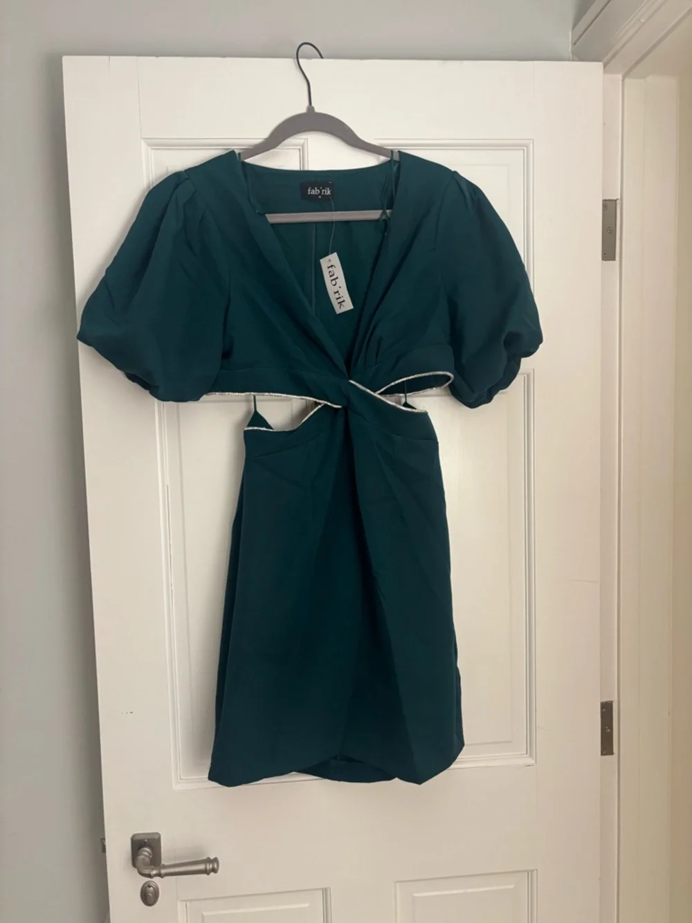 fab'rik Teal Twist Cutout Puff-Sleeve Mini Dress - Picture 1 of 2